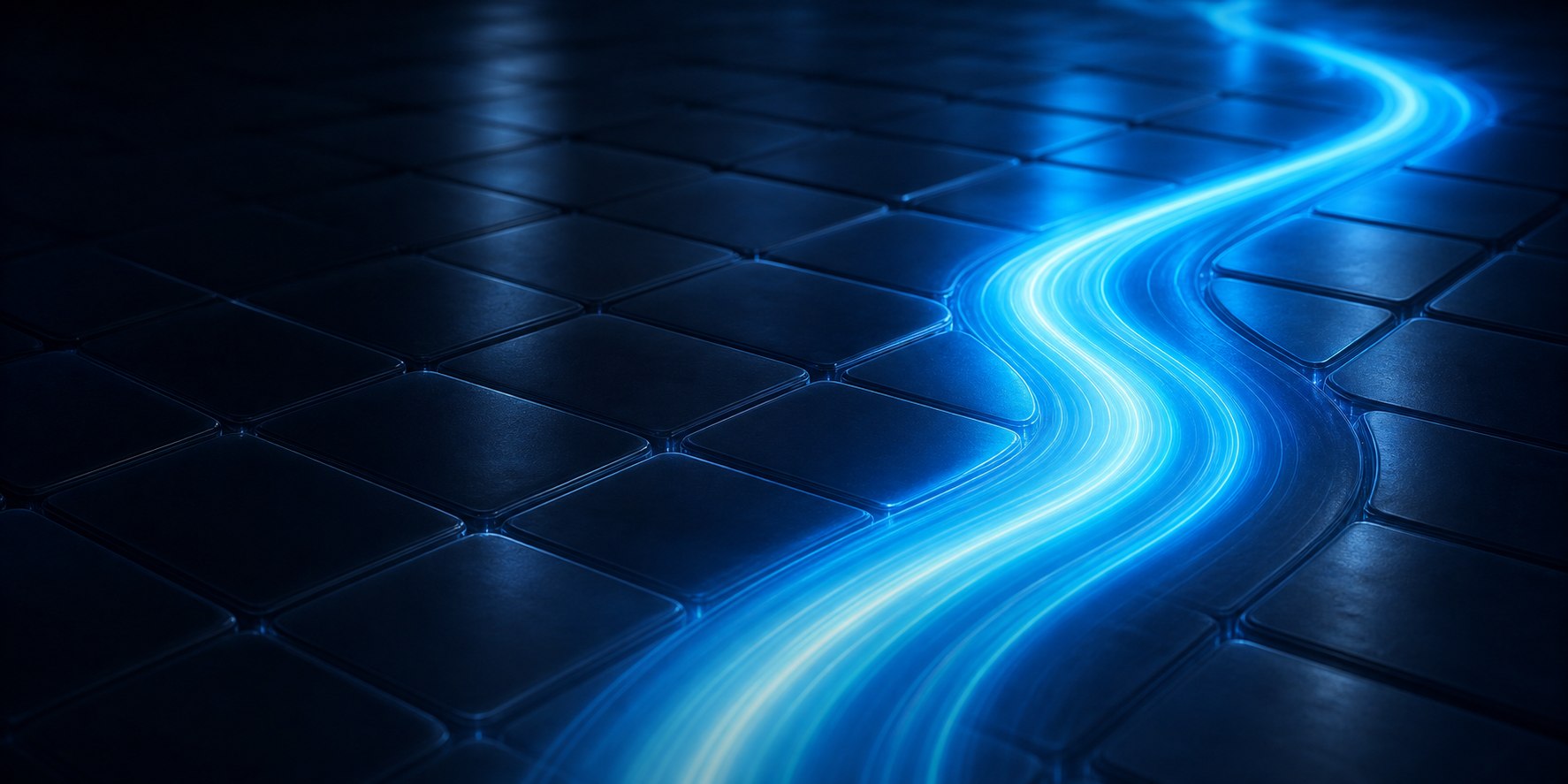 Blue illuminated workflow path across a dark technology grid